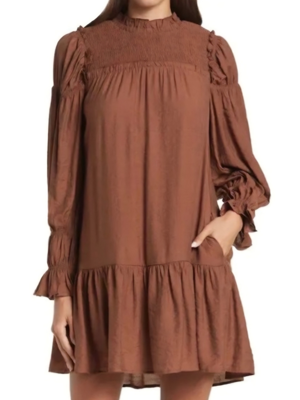 Moon River Brown Smocked Yoke Long Sleeve Ruffle Hem Dress